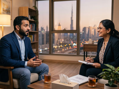 Dubai professional discussing anxiety symptoms with a clinician in a calm setting.