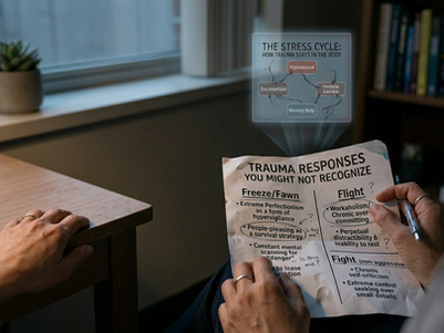 Adult reflecting on trauma responses such as freeze, fawn, shutdown, and emotional detachment at Retrieve Mind Poly Clinic.