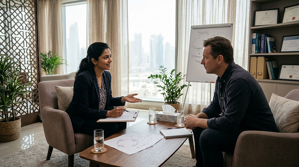 Female Indian CBT therapist guiding a Western adult through motivation and habit‑change strategies at a Doha mental‑health center.