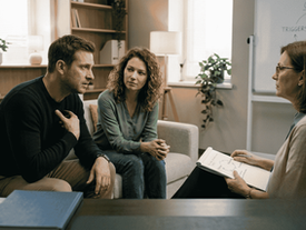 Couple exploring recurring conflict patterns during a therapy session at Retrieve Mind Poly Clinic.