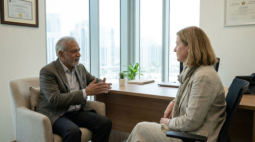 Indian male psychiatrist speaking with a Western adult client in a Doha mental health clinic.
