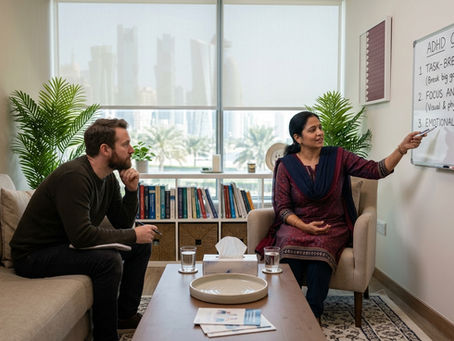 Female Indian CBT therapist guiding a Western adult through ADHD organisation and emotional regulation techniques in a Doha mental health center.