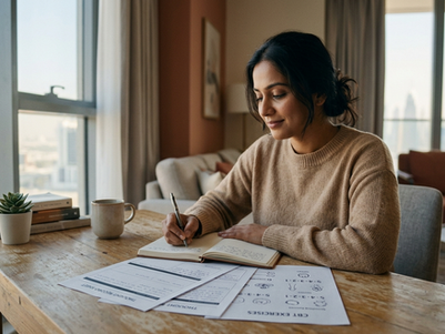 an adult practicing CBT techniques such as journaling or grounding to manage thoughts and emotions.