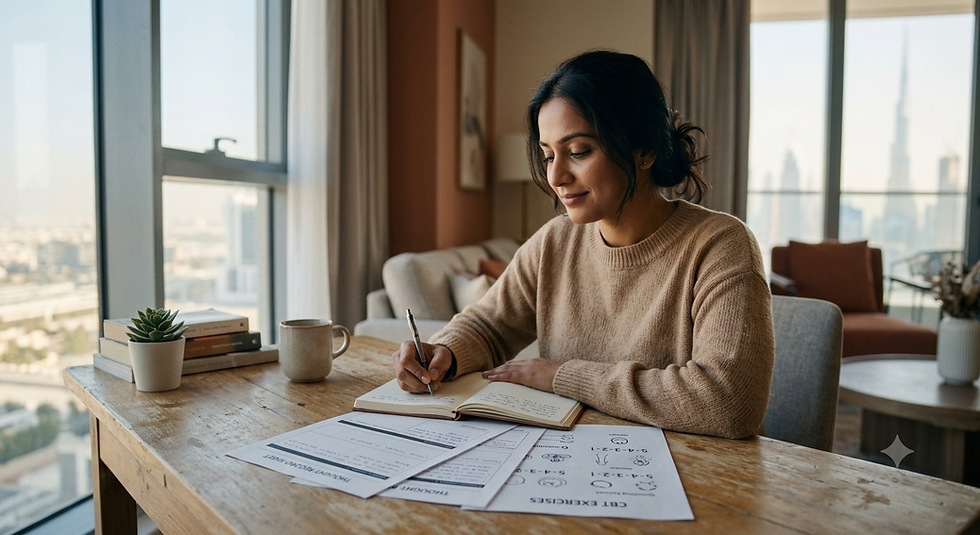 an adult practicing CBT techniques such as journaling or grounding to manage thoughts and emotions.