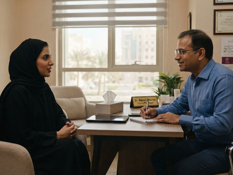 Clinician explaining trauma responses to a patient at Dr. Aju Abraham Medical Center in Doha.