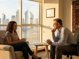 Clinician explaining trauma differences to an adult in a calm setting