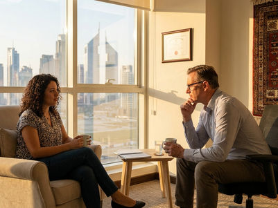 Clinician explaining trauma differences to an adult in a calm setting