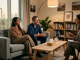 Couple speaking with a clinician during therapy to improve communication and trust.