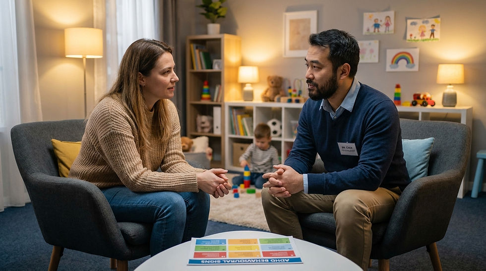 “Clinician discussing ADHD behavioural clues with a parent.”