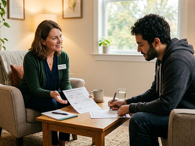 Clinician guiding an adult through CBT techniques for anxiety in a calm setting.