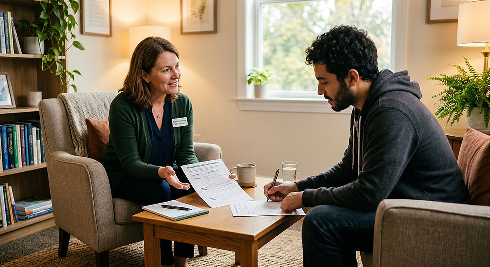 Clinician guiding an adult through CBT techniques for anxiety in a calm setting.