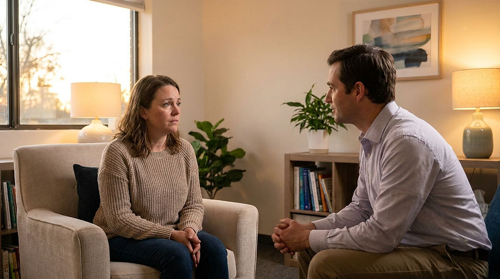 Adult discussing overthinking and anxiety symptoms with a clinician