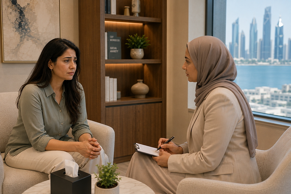 Adult discussing social anxiety symptoms with a clinician in a calm setting