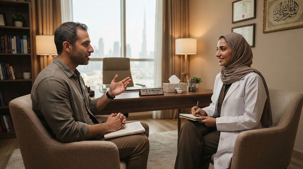 Adult discussing screen and gaming addiction with a clinician in a calm setting