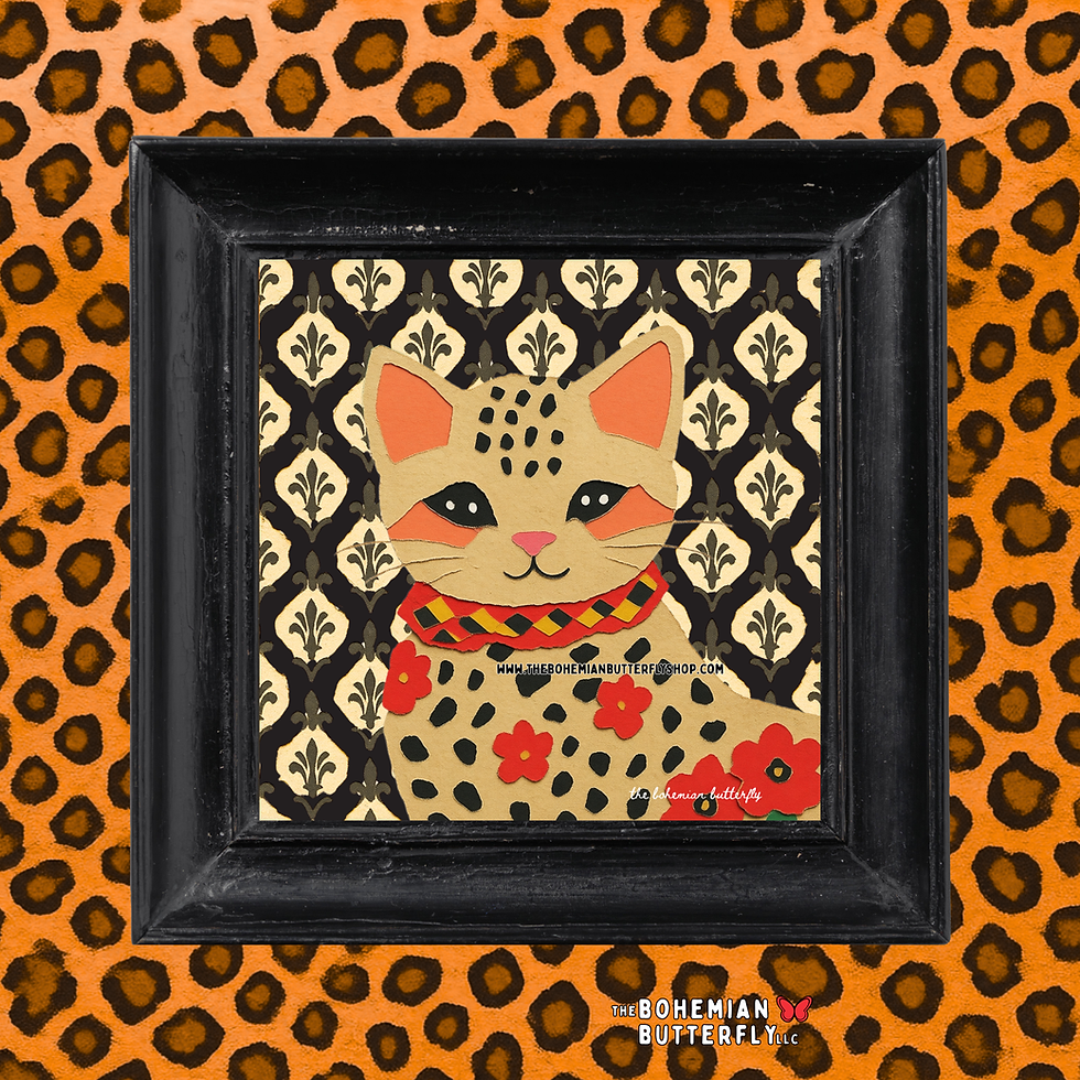 Thumbnail: Polka Dot and Animal Print Cat Art Print in Black