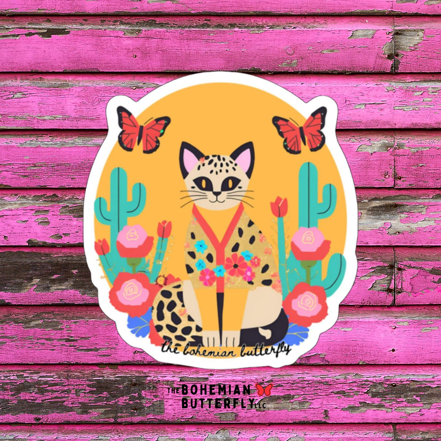 Leopard Print Kimono Kitty Cat Cactus Flower and Butterfly Sticker