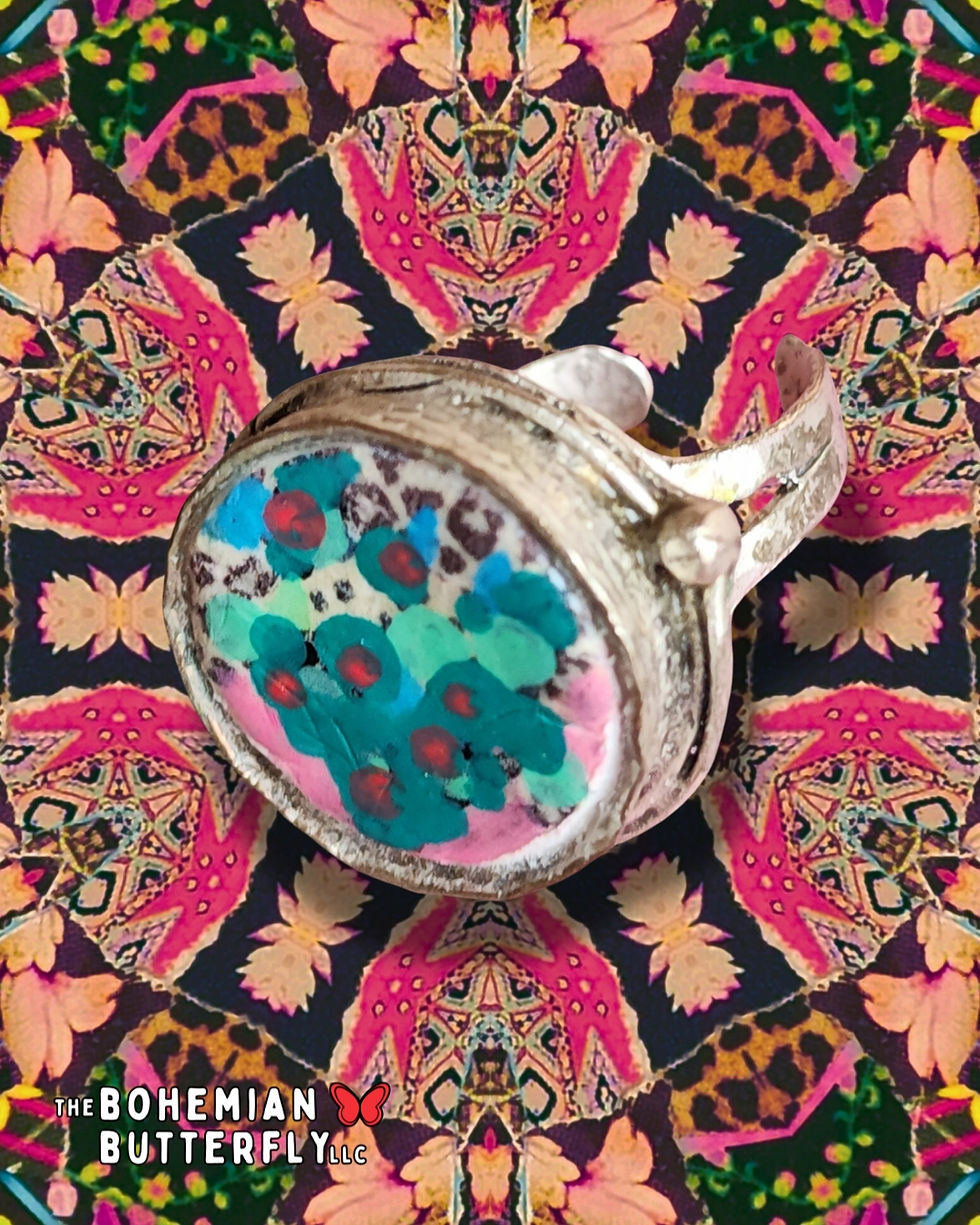 Thumbnail: Bohemian Desert Leopard Print and Cactus Adjustable Silver Ring