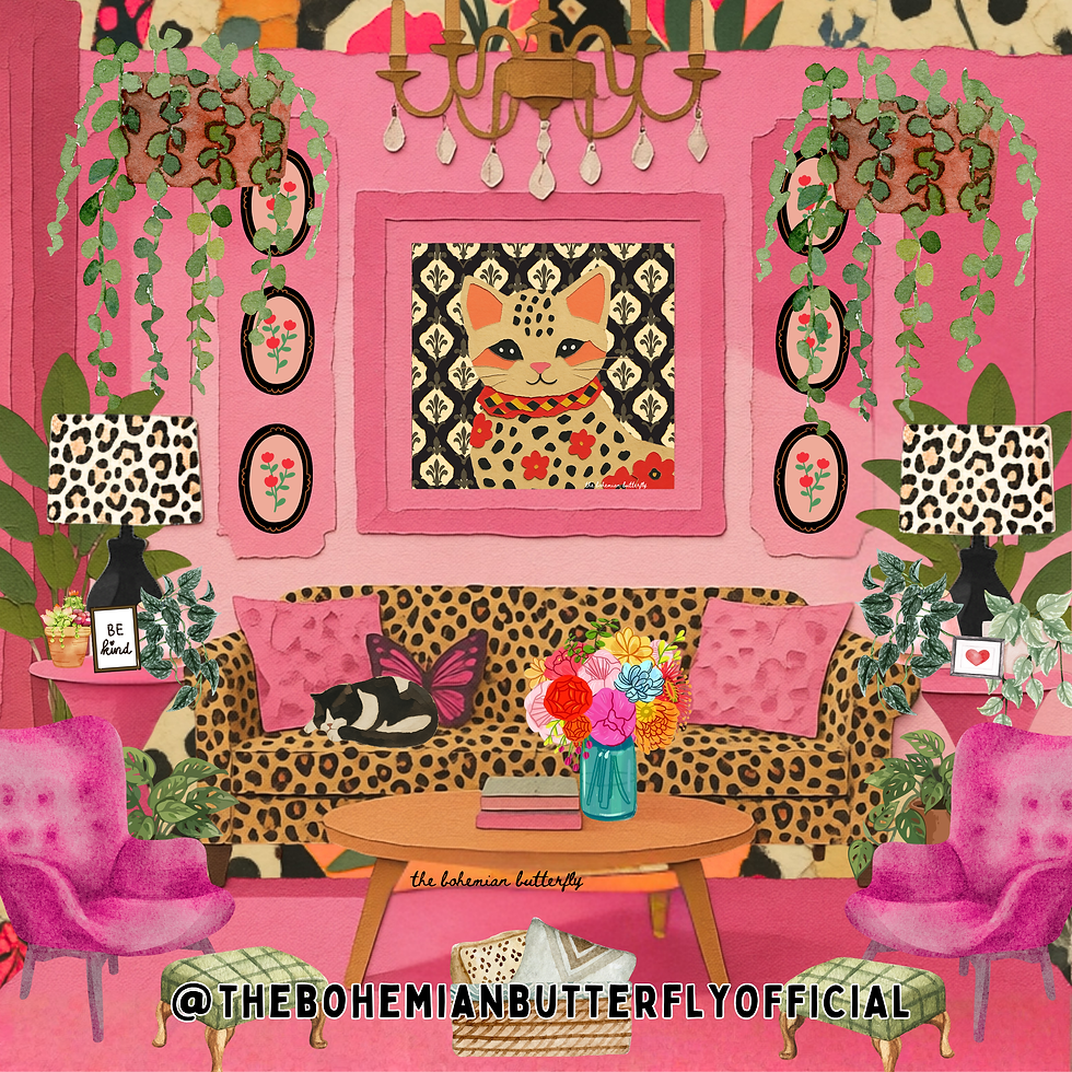 Thumbnail: Polka Dot and Animal Print Cat Art Print in Black