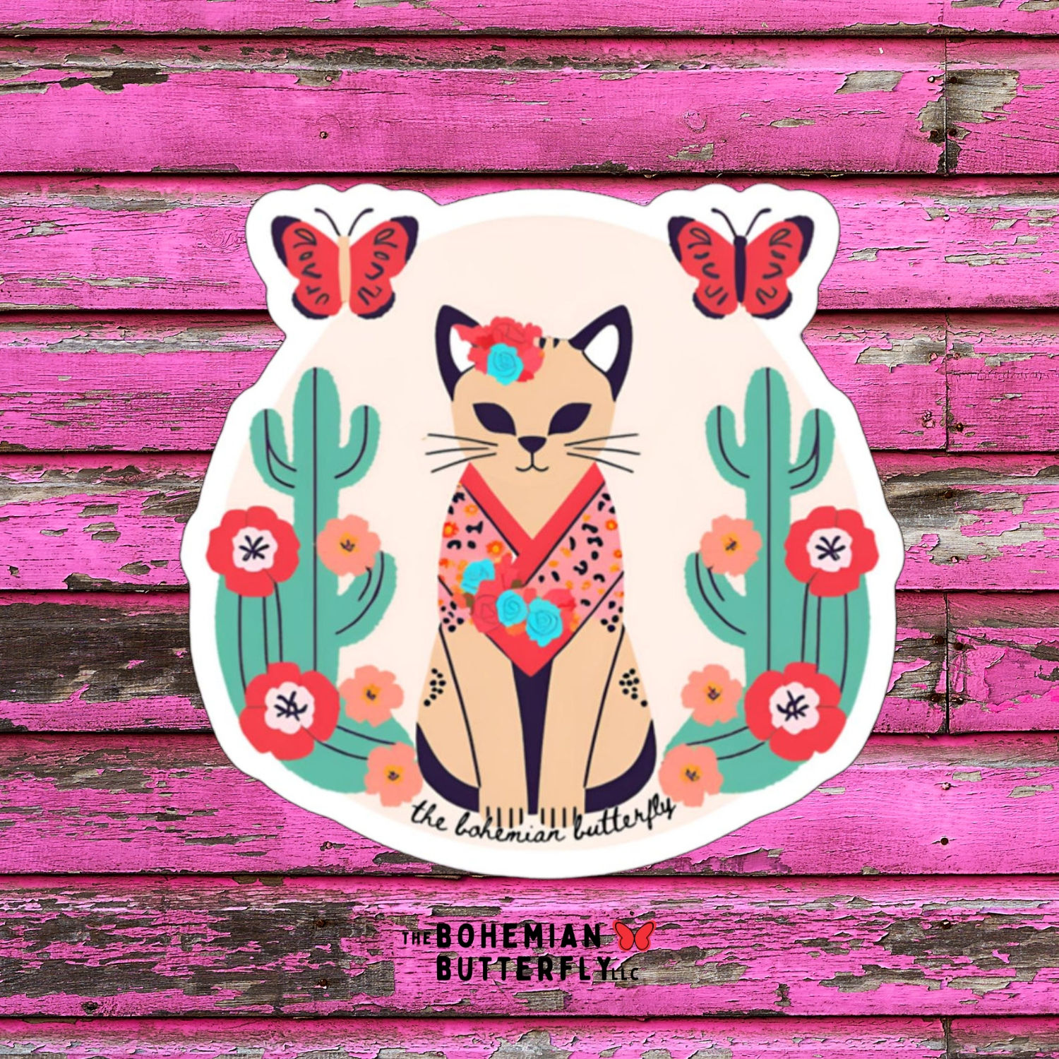 Kimono Kitty Cat Cactus Flower Butterfly Sticker