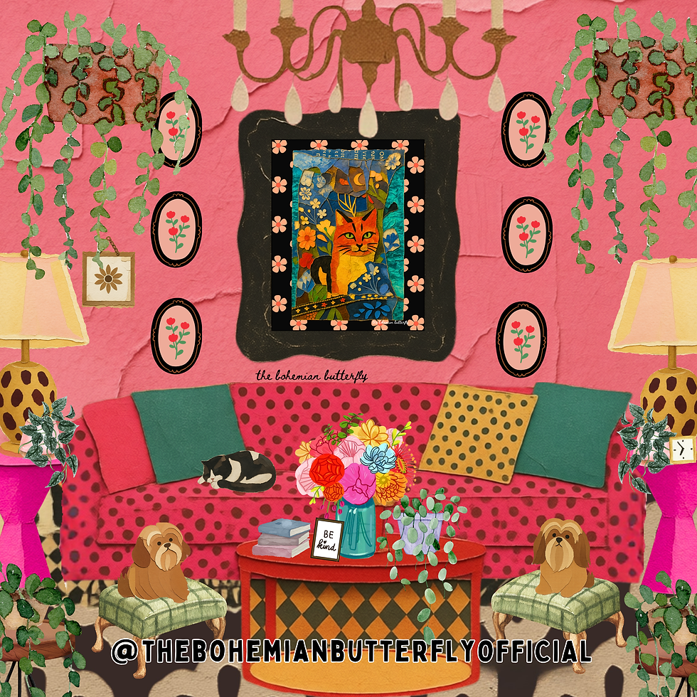 Thumbnail: MAGIC CAT & THE MOON Collage Art Print with Floral Trim