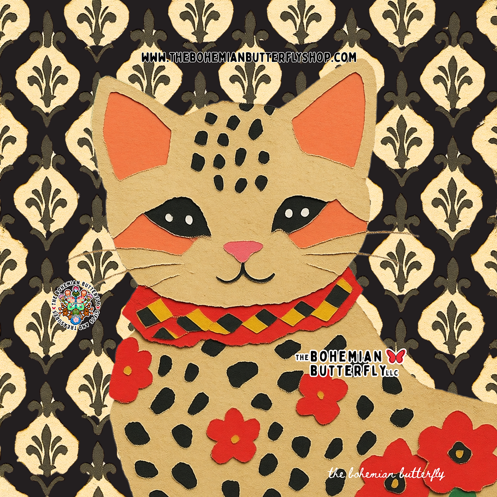 Thumbnail: Polka Dot and Animal Print Cat Art Print in Black