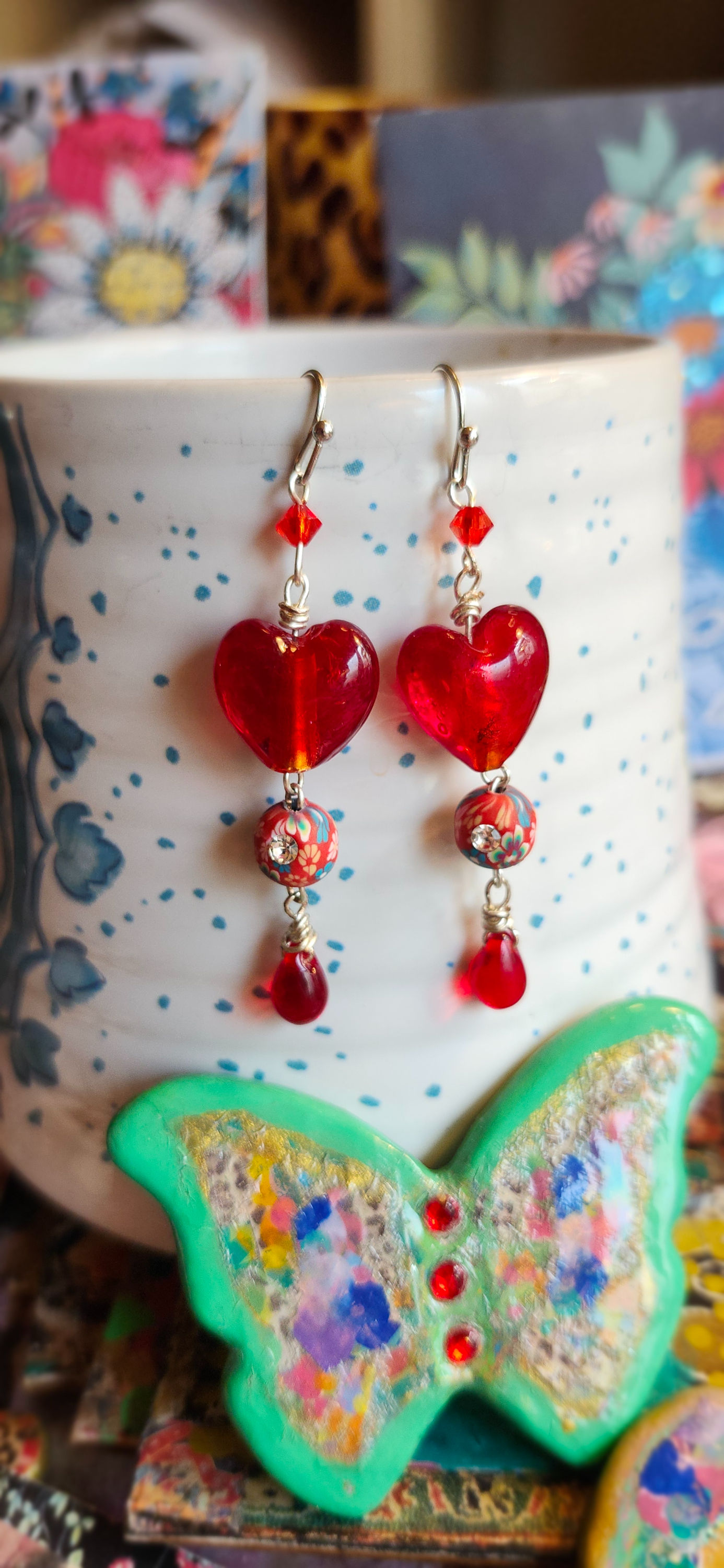 Red Heart and Floral Rhinestone Beaded Silver Wire-Wrapped Handmade Earrings