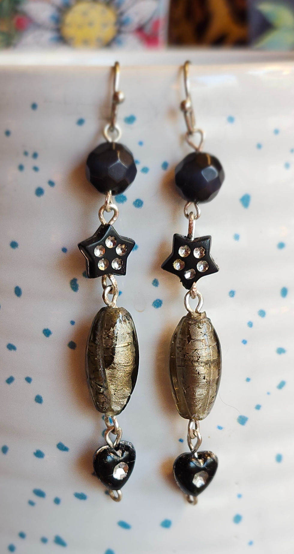 Thumbnail: Stars and Hearts Black and Charcoal Hand Beaded Earrings