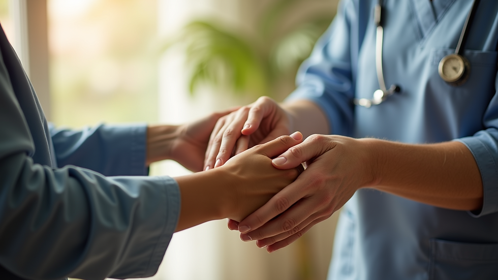 Close-up view of a caregiver’s hand gently holding a senior’s hand in a sunlit room