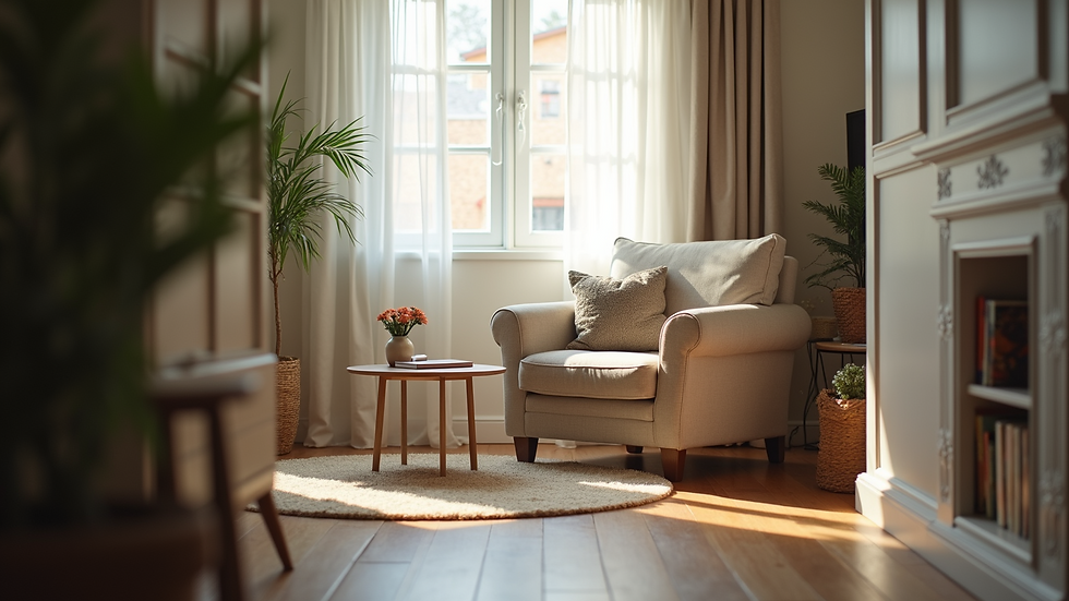 Eye-level view of a cozy living room with a comfortable armchair and a small side table