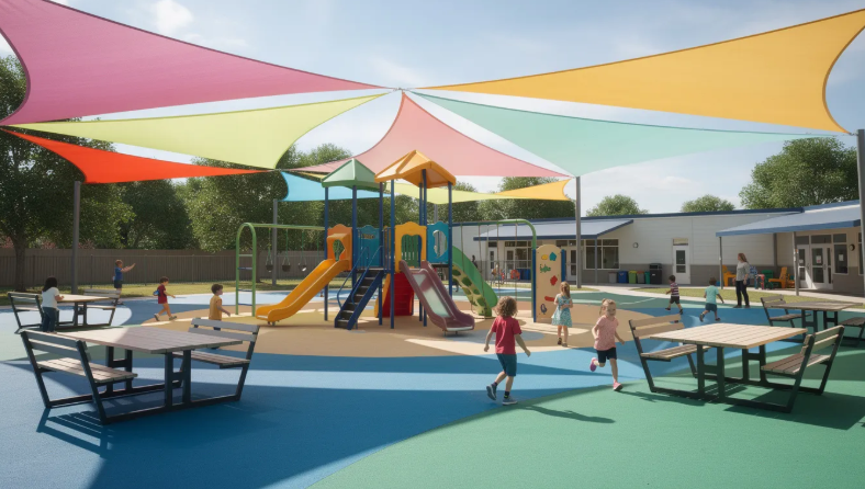 Children play on colorful playground slides under vibrant canopy shades. Picnic tables are nearby, with a school building in the background.
