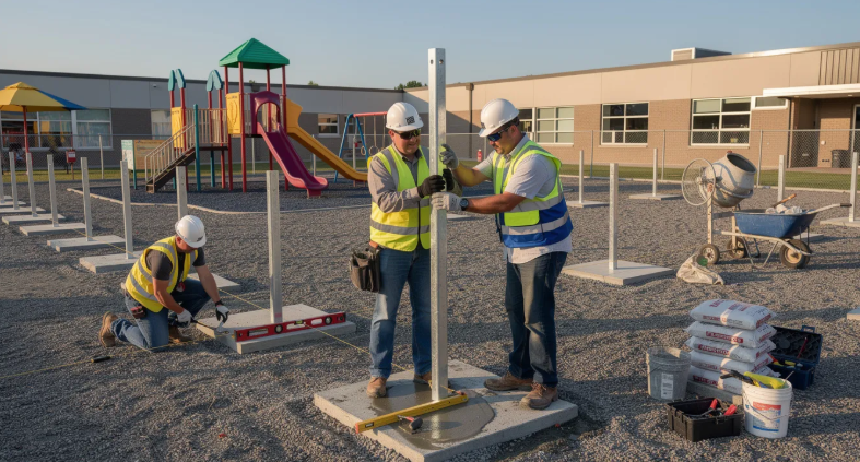 Workers in safety gear construct a playground in a schoolyard with slides. Visible tools, cement bags, and a wheelbarrow around them.