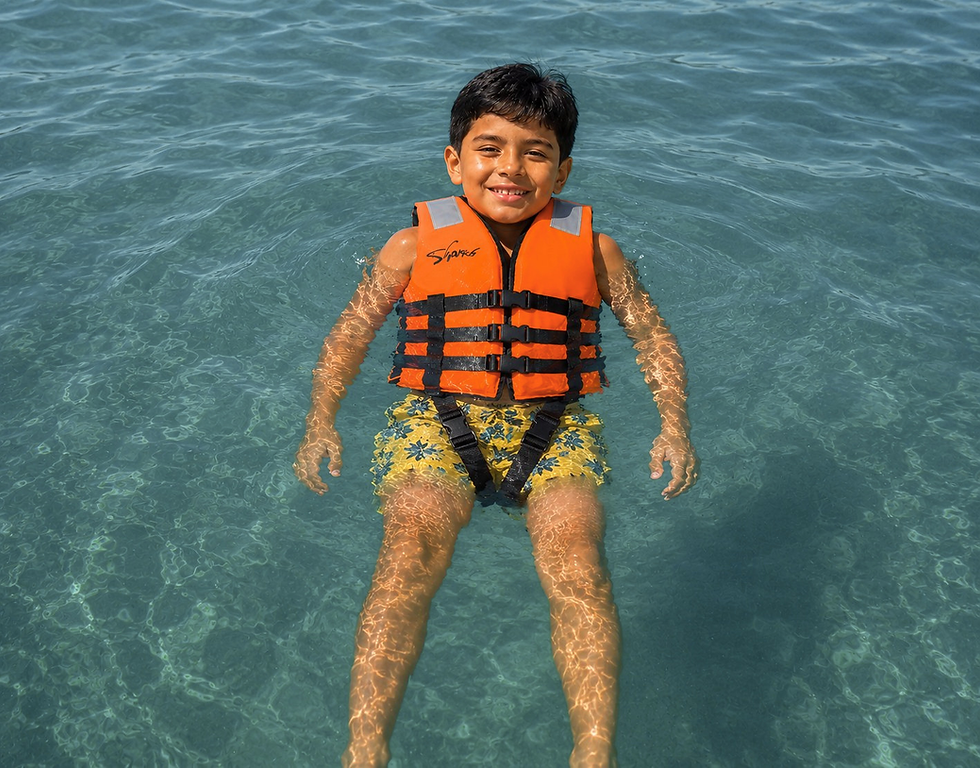 Un niño flotando en el agua usando un chaleco salvavidas infantil de la marca sharks company