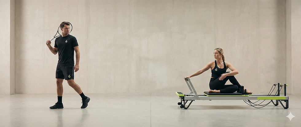 tennis player and reformer pilates girl facing away from each other 