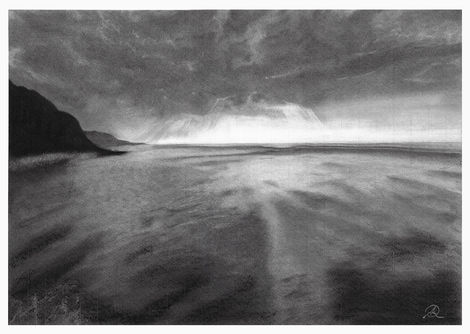 Charcoal image of a sunset seascape