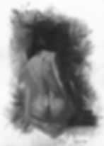 An expressive hand drawn charcoal on paper image of a woman sitting with her back to the viewer