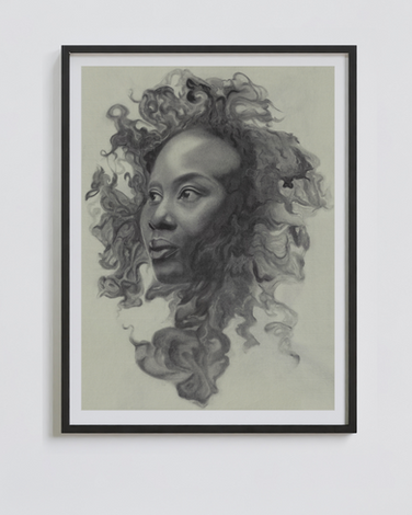 A charcoal portrait of a stoic black woman emerging from smoke.