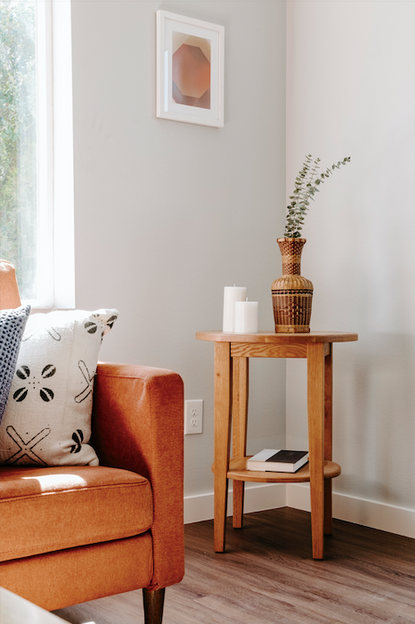 end table white oak round tall side accent living room remodel furniture hardwood solid shaker classic transitional modern contemporary shelf simple minimalist clean interior designer extra boulder near me colorado delivery