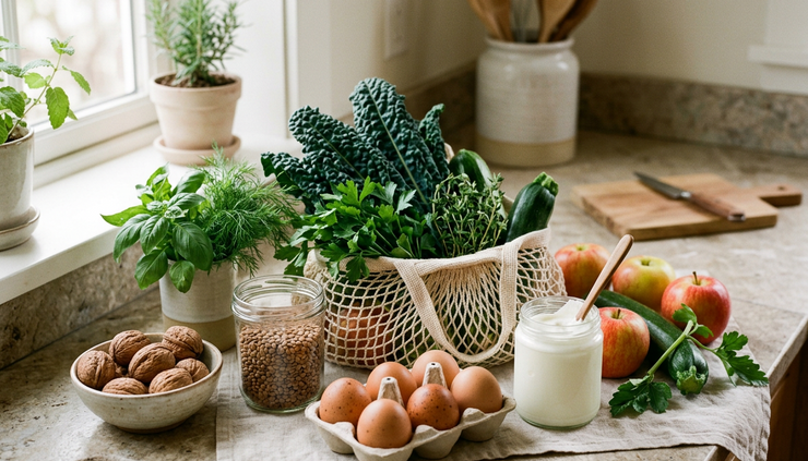 Close-up view of fresh groceries being unpacked on a kitchen counter.