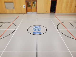 Epoxy floor done in school gym with school logo