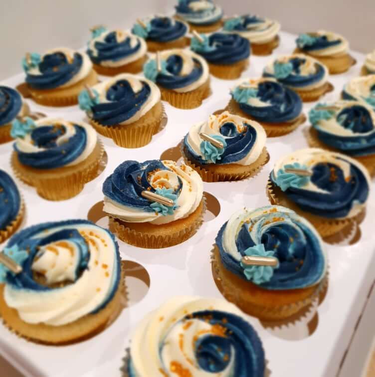 Cream, Gold and Blue Cupcakes