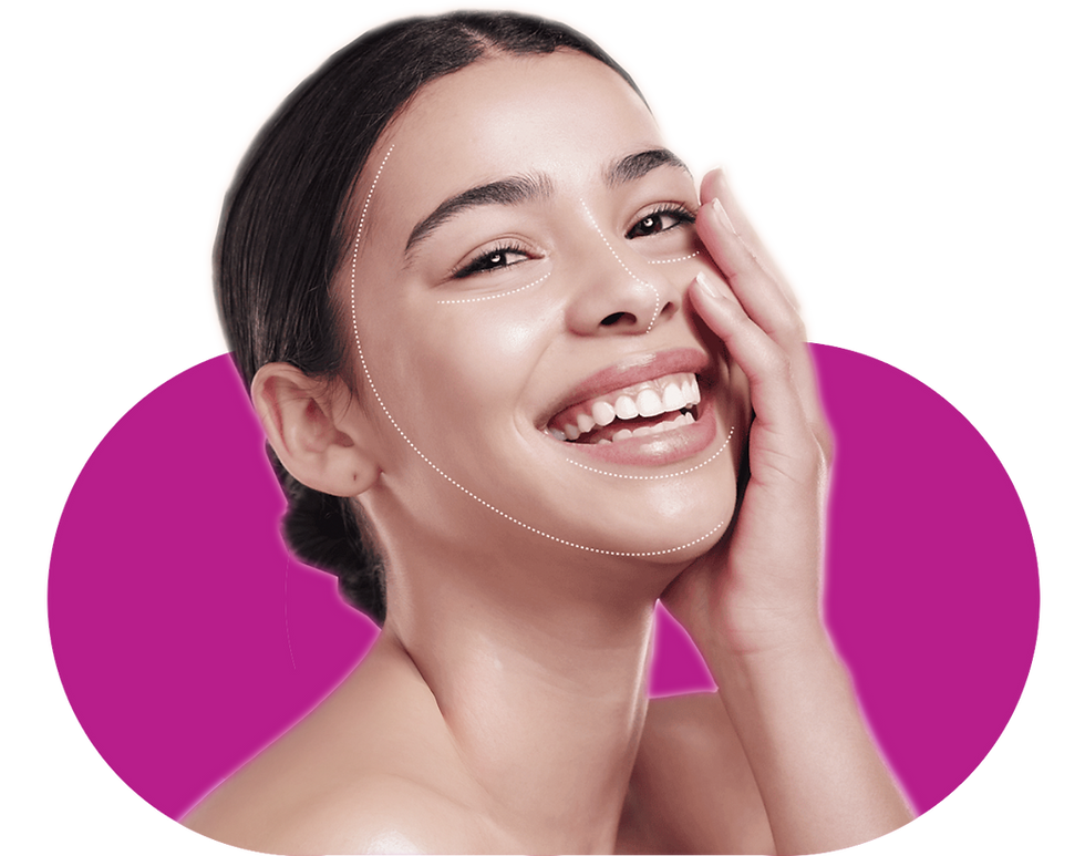 Smiling woman touching her face inside a purple circle. SISU Beauty Clinic draft
