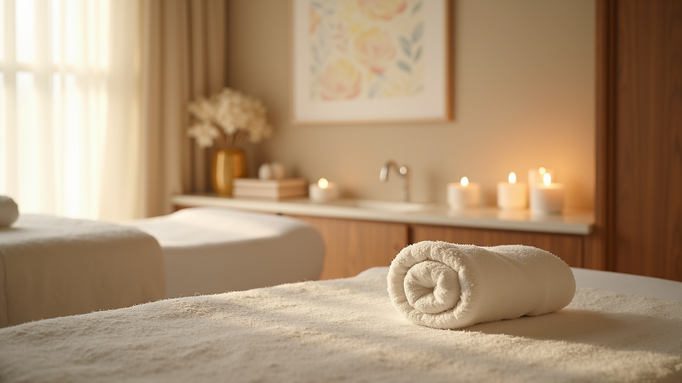 Eye-level view of a tranquil spa treatment room with soft lighting