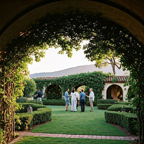 Guests gather in a lush garden