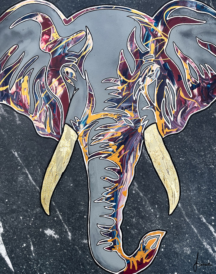 Abstract elephant painting with colorful details and gold tusks, Juniro Design.