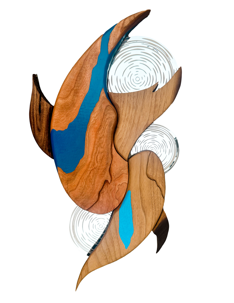 Koi Fish Abstract wood art with blue paint, and lasered mirror, Junior Designs
