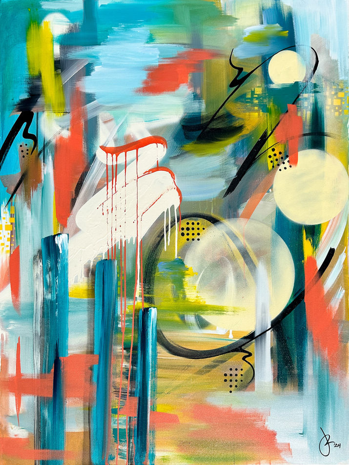 Abstract art with teal, orange, and white colors; Juniro Design.