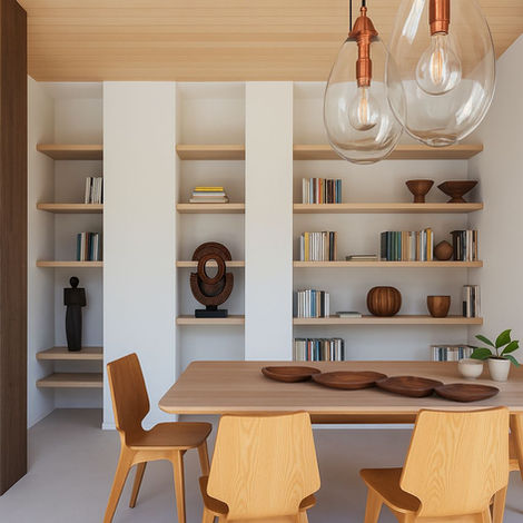 Modern dining room with built-in shelves and wooden table