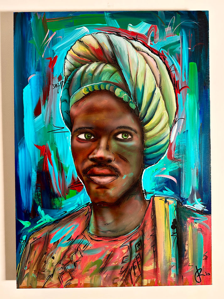 Colorful portrait painting of a man with a turban Juniro Design vivid background.