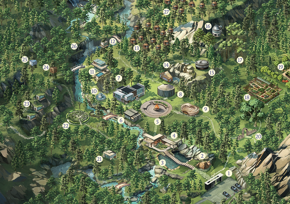 Numbered site map of a forest retreat with buildings.