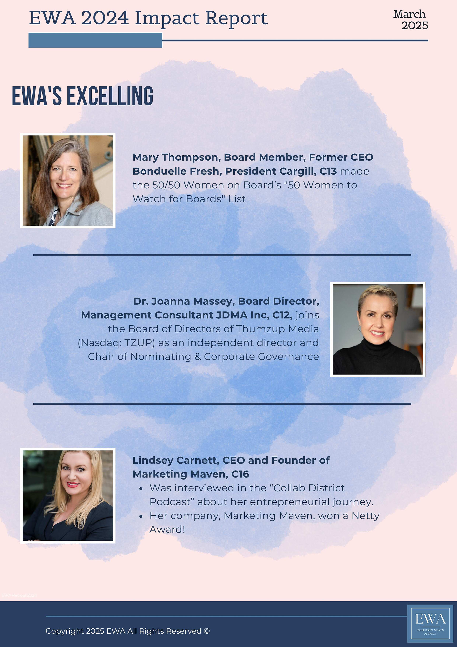 Three excelling women: Mary Thompson, Joanna Massey, Lindsey Carnett with professional bios.
